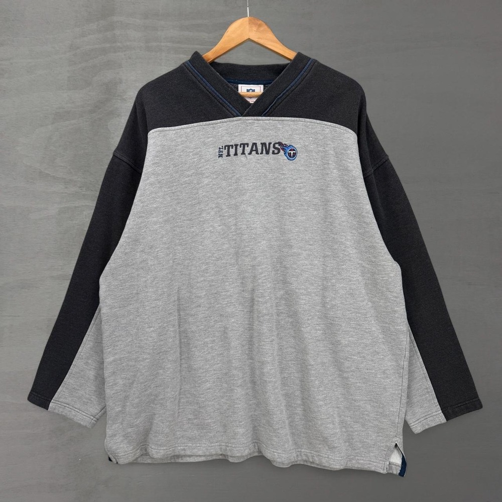 Vintage NFL Tennessee Titans Sweatshirt Grey Black Embroidered V-Neck Fleece 3XL